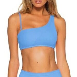 NWT Becca by Rebecca Virtue Ribbed Asymmetrical One Shoulder Bikini Top Blue S
